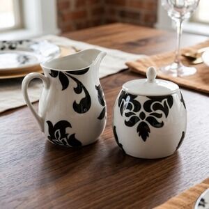 Martha Stewart Collection Creamer and Sugar Bowl Set Black White Damask Floral